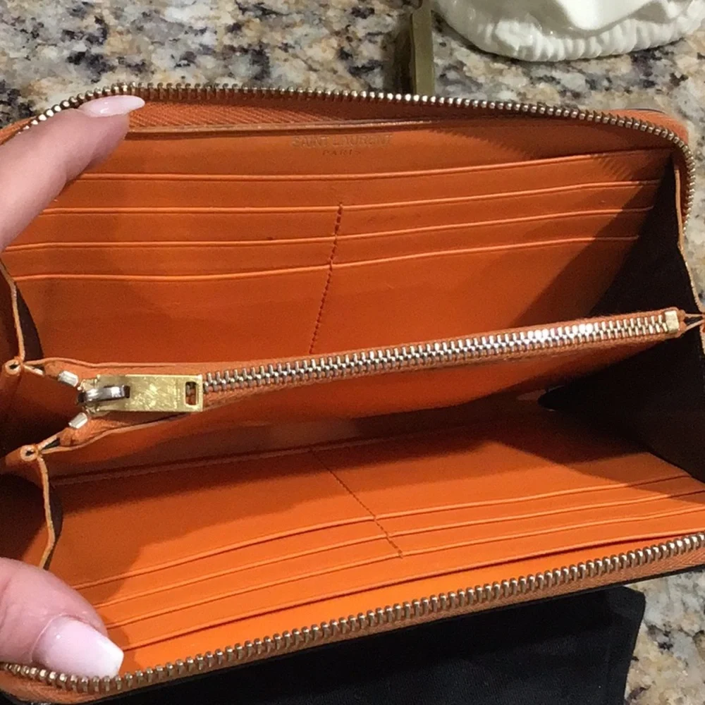 YSL Saint Laurent Black and Orange Long Zipper Wallet with dust bag. - Picture 9 of 9